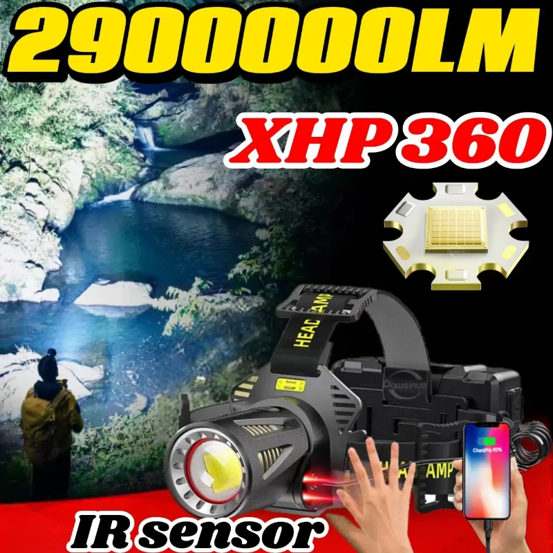 

XHP360 Powerful LED Headlight Rechargeable Telescopic Zoom Headlight Outdoor Work Headlight High Lumen Head Flashlight