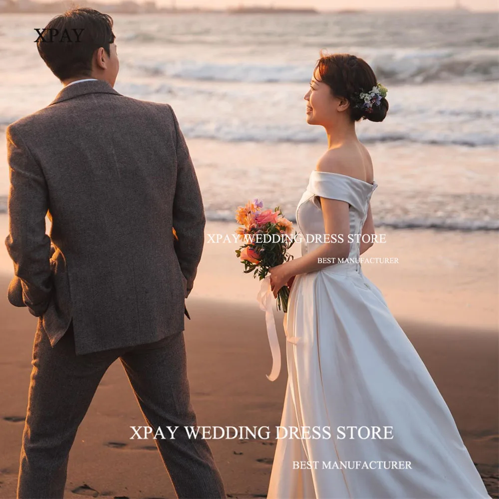 

XPAY Korea A Line Beach Wedding Dress Off The Shoulder Satin Bridal Gowns Pleats Lace Up Custom Made Bohemian Bride Dresses