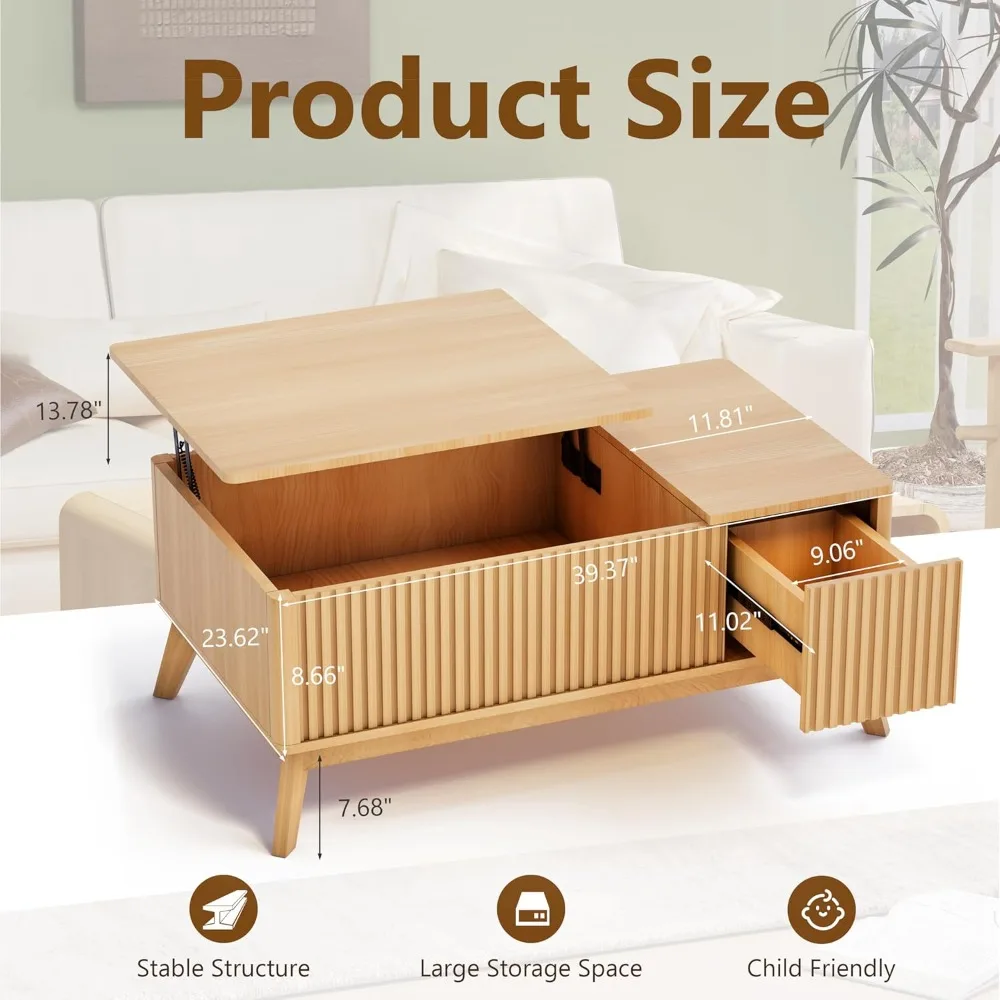 Mid Century Modern Coffee Table,Farmhouse Wooden Coffee Table for Living Room,Rising Pull Up Coffee Table