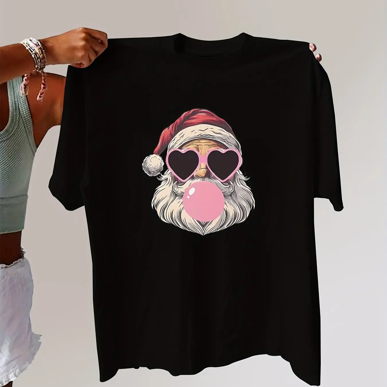 تي شيرت نسائي مقاس كبير بنمط سانتا كلوز من القطن الخالص يسمح بمرور الهواء وعصري ومتعدد الاستخدامات للجنسين ملابس الشارع كبيرة الحجم #1