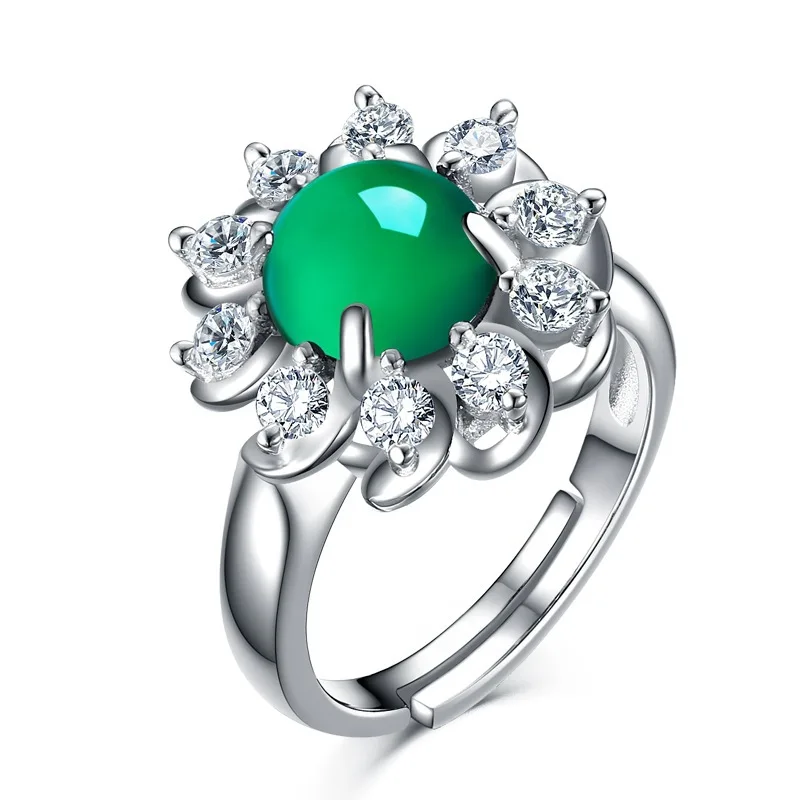New synthetic chalcedony ring, green agate open ring s925 silver jewelry