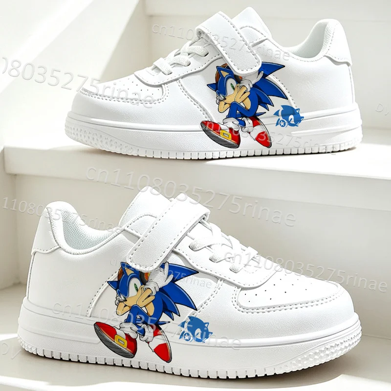 S-Sonics Blue Cartoon Print Kawaii Kids White Board Shoes Simple Fashion Trend Soft Sole Boys Girls Flat Shoes Gift for Him