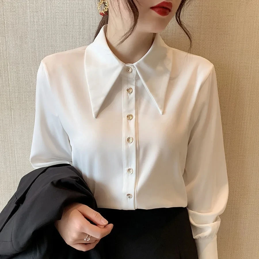 

Ele White Satin Women's irt Long Sve arp Воротник Верхняя одежда Дизайн Корейский Sle Commute Faion Свободный крой Полиэстер