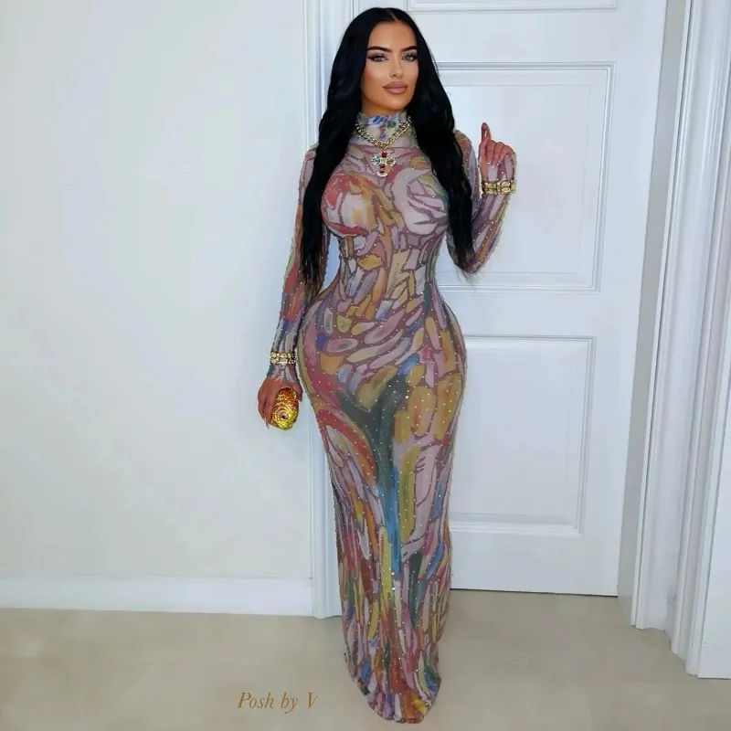 Designer Performance Outfit Long Sleeve Water-Media Net Diamond-Heated Sexy High-Elastic Birthday Dance Party Gown
