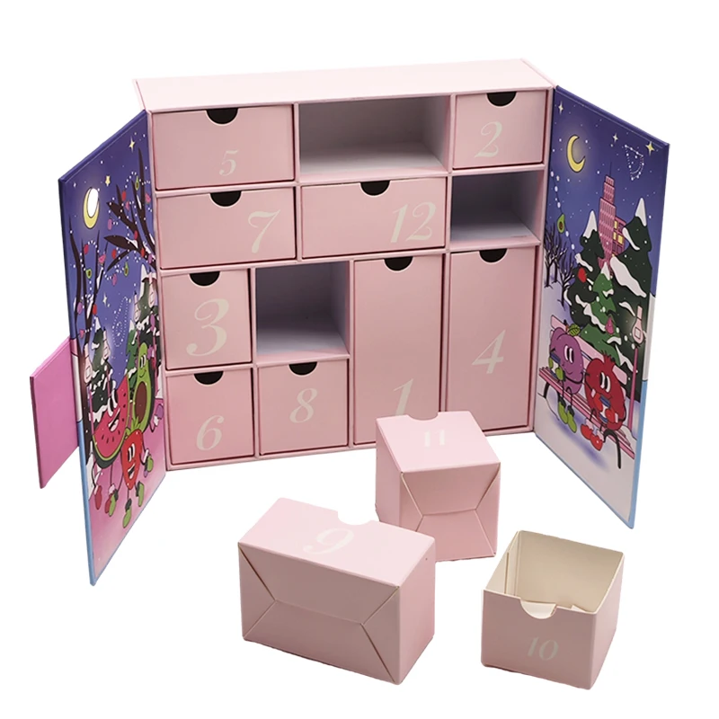 Customized queryWholesales Christmas Gifts Advent Calender 12 Drawers Paper Cosmetic Advent Calender Box Custom Cardboard Packag