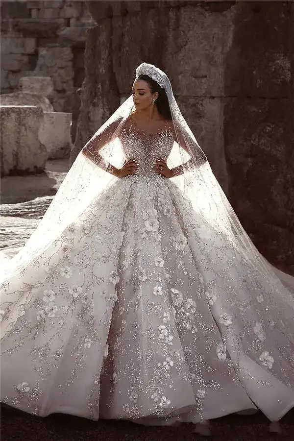 Customized Dubai Arabic New Lace Ball Gowns Wedding Dresses Long Sleeves 3D Flowers Beading Dress Bridal