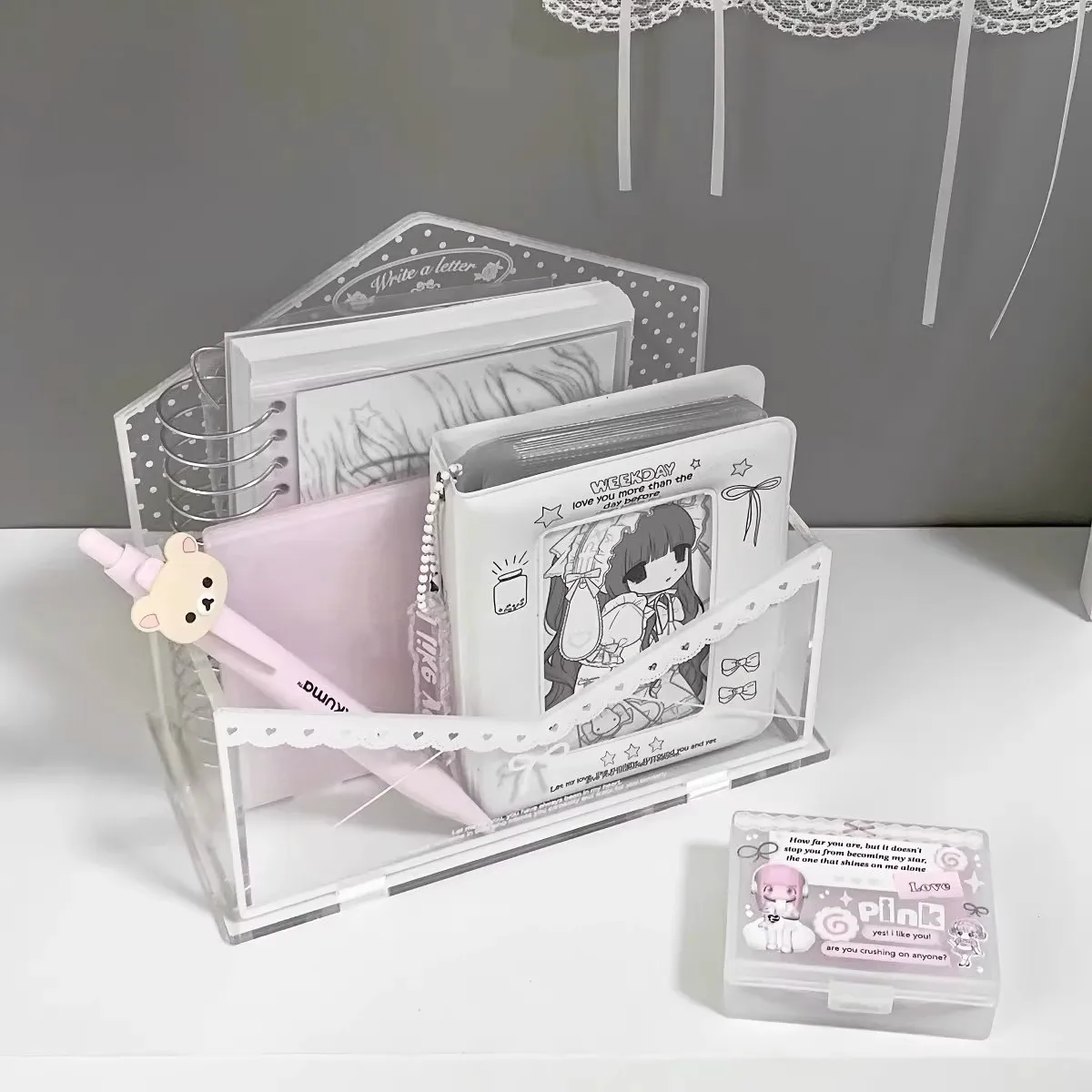 Polka Dot Envelope Series Acrylic Storage Rack, Lace Bow Multi-purpose Kawaii Organizer Tray for Collecting Merch & Desk Decor