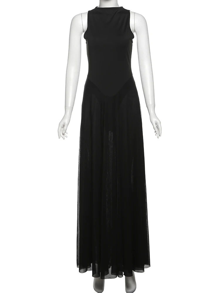 InGrily Vacation Metal Buckle Backless Maxi Dress Women Summer Trend o-Neck Sleeveless Mesh Patchwork Ruched Elegant Outfits