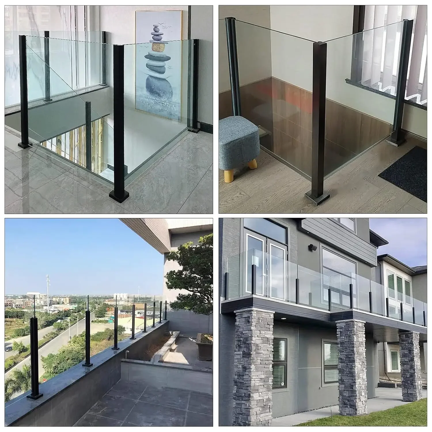 Black Square Panel Guardrail Pole for Porch Balcony Deck Garden,Glass Fence Post with Spigot Slot, Balustrade Railing Column(Mid