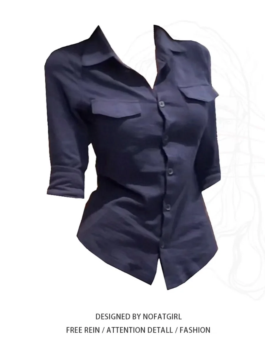 

Женская рубашка больших размеров с воротником и длинными рукавами, приталенного кроя, в корейском стиле, летняя, модная, повседневная, для работы, на семи пуговицах