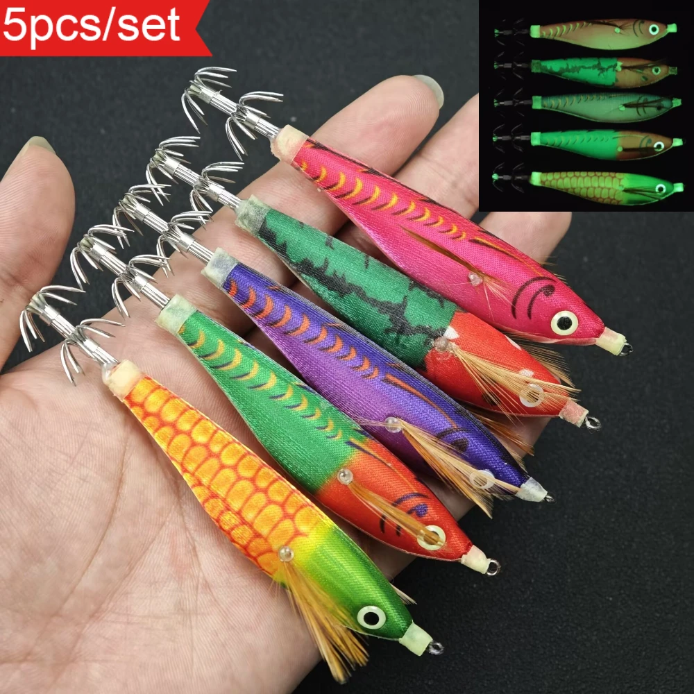 Lot de 5 leurres horizontaux pour crevettes, leurres horizontaux lumineux pour calmars et poulpes, appâts pour crevettes, accessoires de pêche en mer