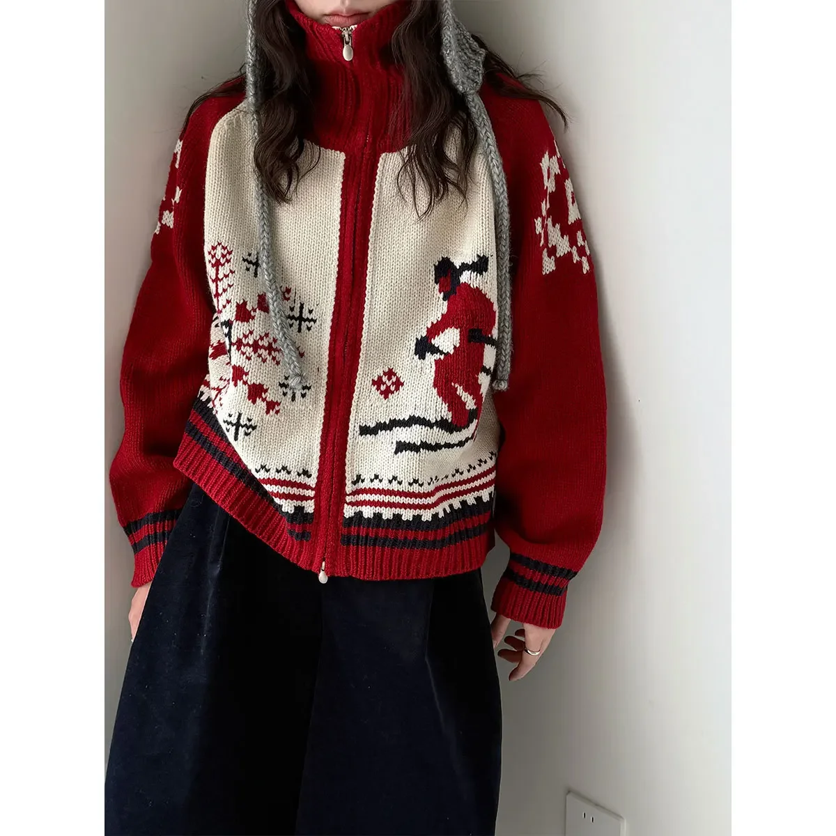 

Women's Double Zipper Knitted Sweater Lazy Style Christmas Theme Loose Fit Long Sleeve Cardigan Sweater Floral Embroidery