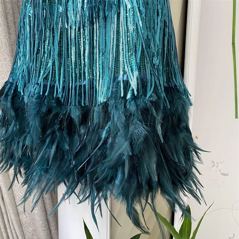 Green Tassel Dress Women Sexy V Back Layered Sequins Feather Fringe Dance Party Cocktail Short Mini Dress Latin Ballroom Dress