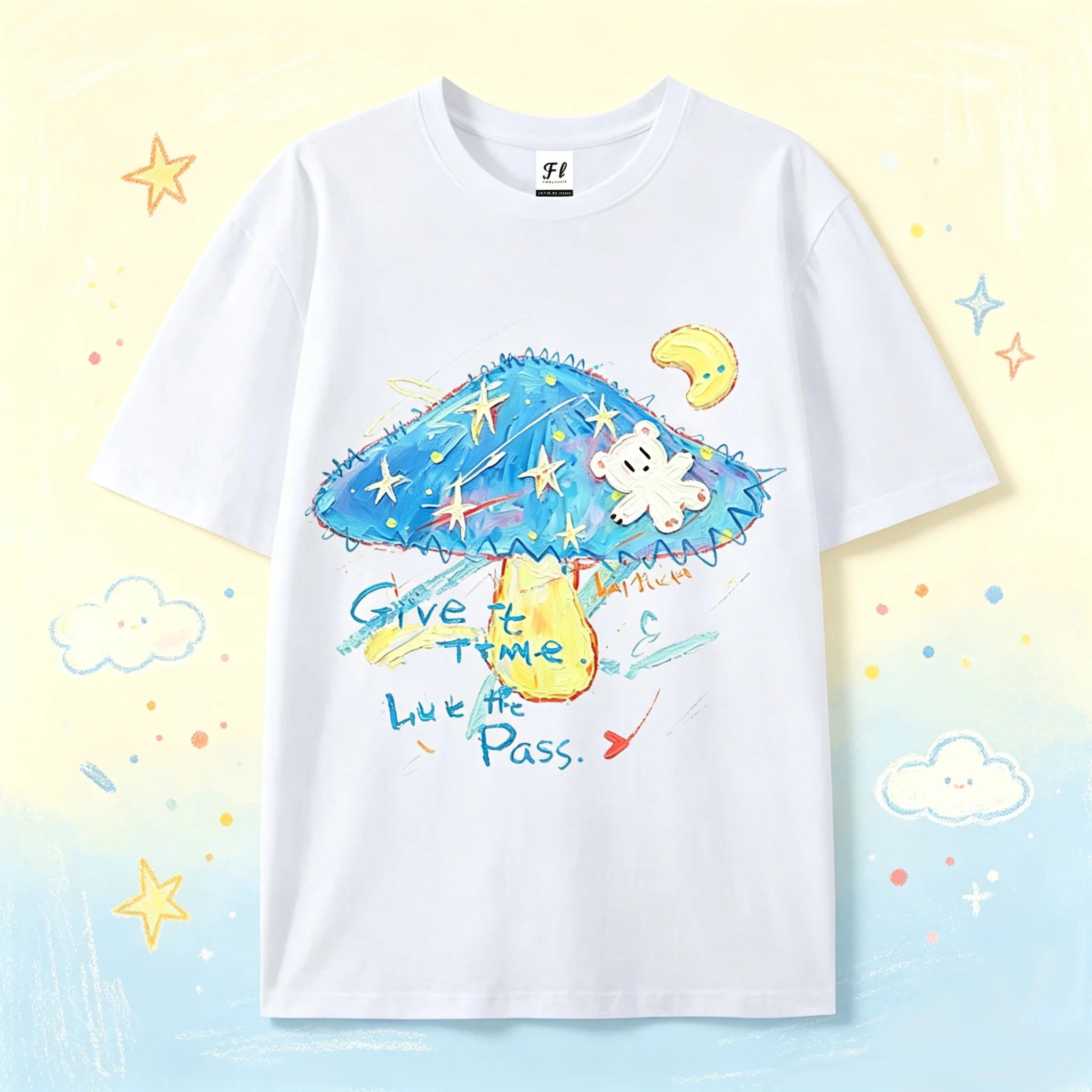 Cute Mushroom Bear Moon Star Oil Painting Graphic T‑Shirt Aesthetic Streetwear Short Sleeve Tee Casual Unisex Crew Neck Tops