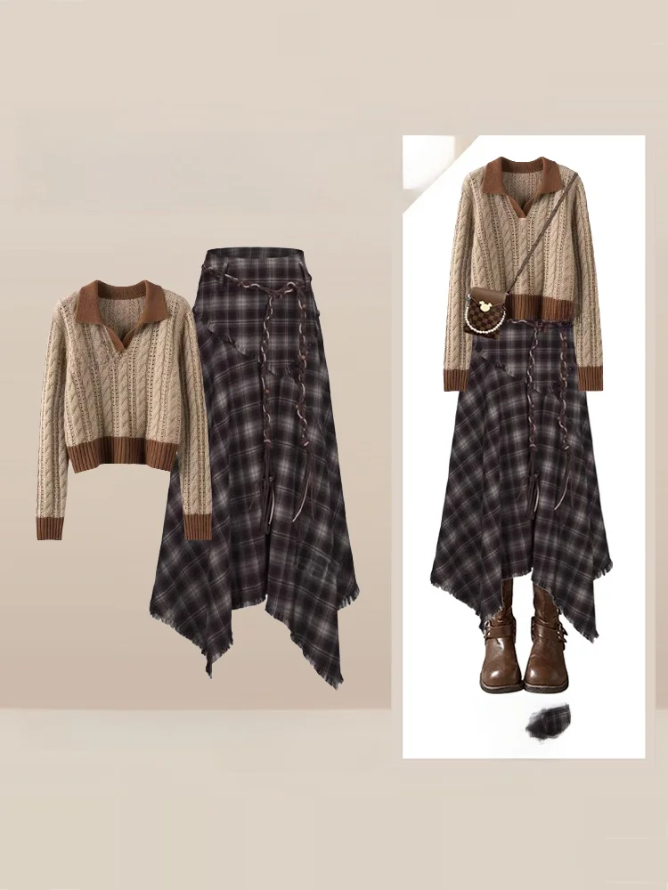 

Autumn Winter Women's Knitted Ne Sweater Beautiful f Skirt Plaid Pattern Faionable Ele Sle Two Piece Set