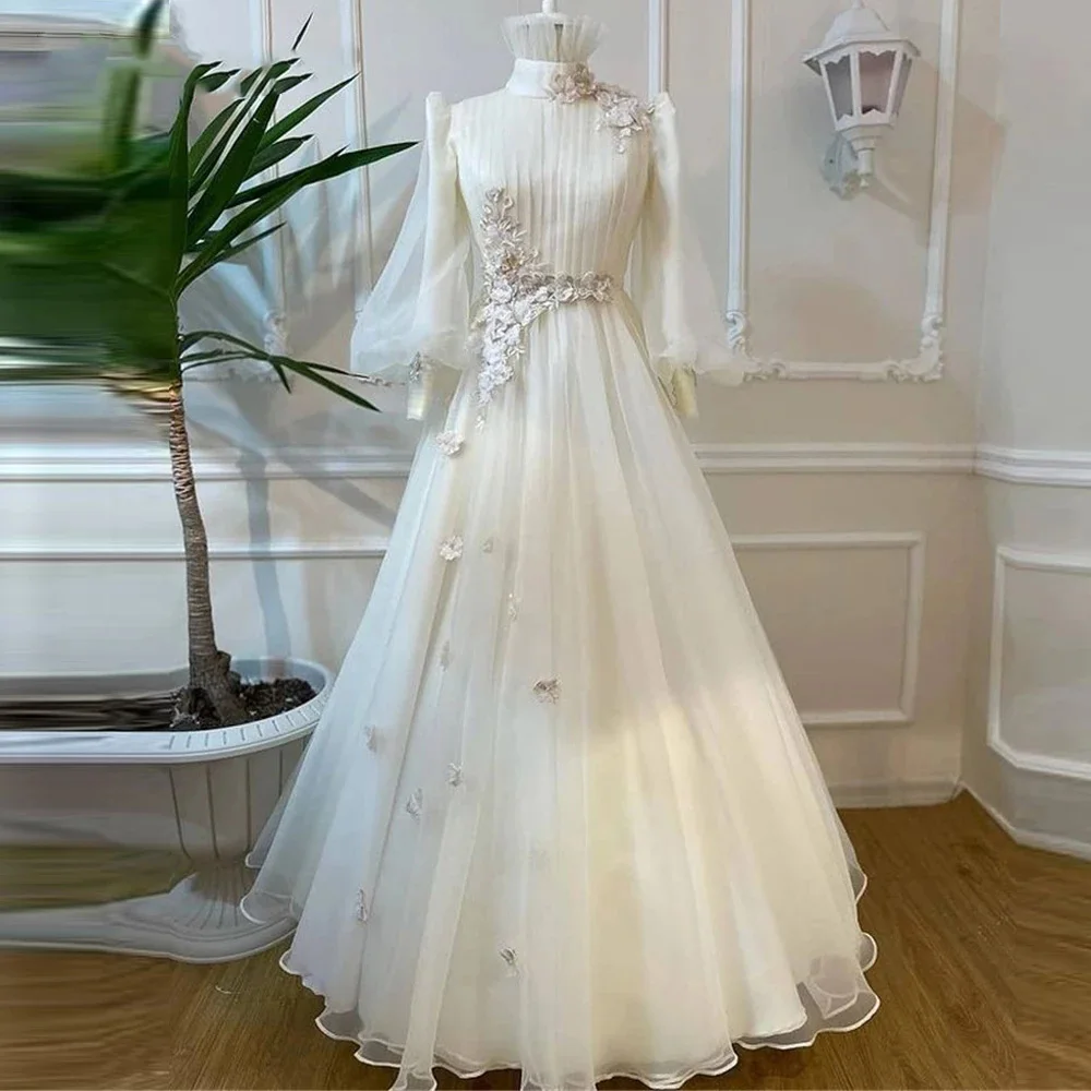 A-Line Drapped Organza Wedding Dresses Long Puff Sleeves High Neck 3D Flowers Bridal Gowns Korea Wedding Formal Dress