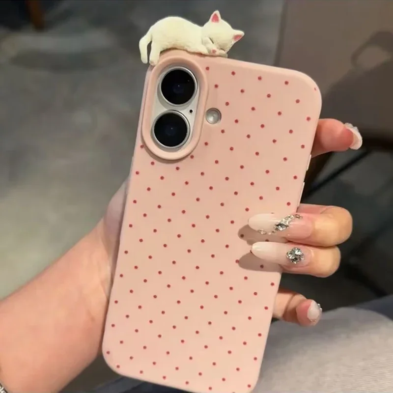 For iPhone 16 Pro Cute 3D Cat Dog Dot Leather Phone Case For iPhone 16 15 13 14 12 11 Pro Max Korean Lovely Kitten Soft Cover