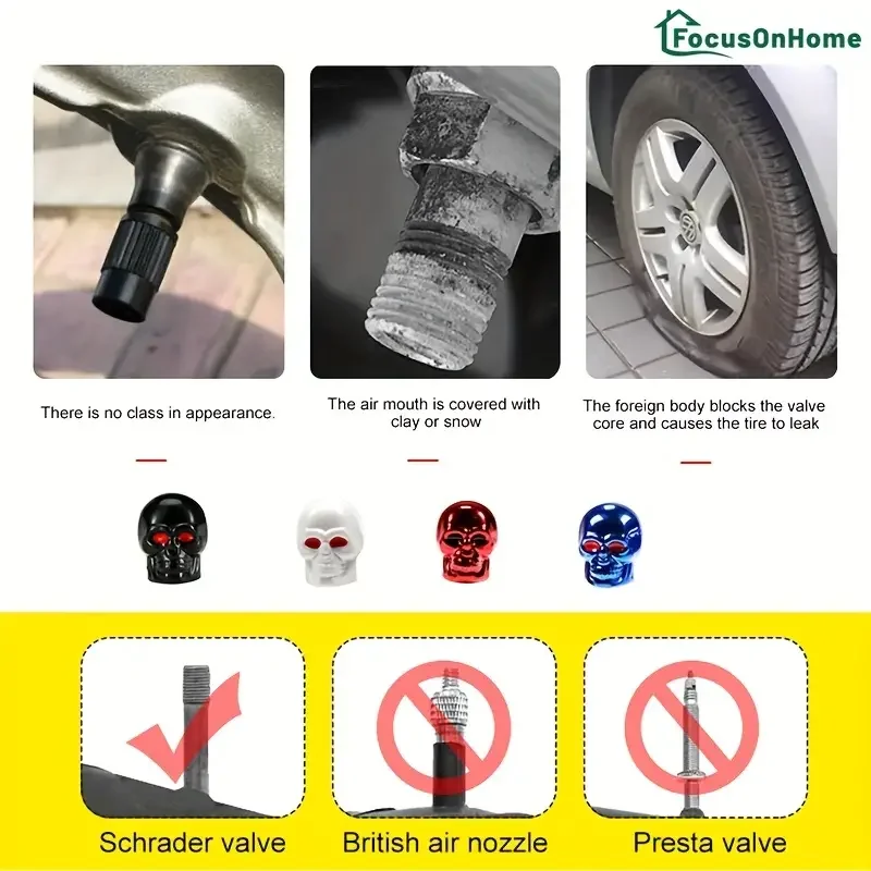 8pcs/set Skull Skeleton Head Car Motorcycle Tire Valve Cap, Plastic Copper Core Rubber Sealing Valve Cap
