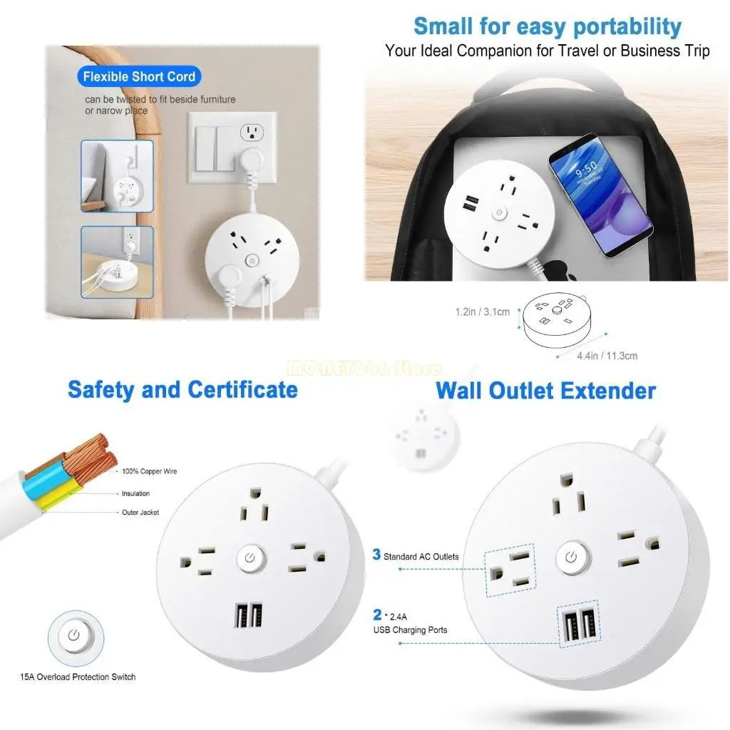 F62C Wall Outlet Extender with Multiple Outlets 3AC Outlets & 2 USB Port for Offices