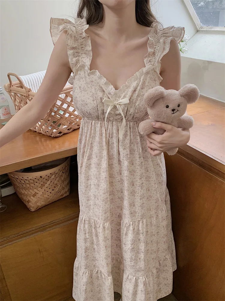 Print Soft Floral Cotton Sleeveless Sweet Court style French NightDress Women Princess Loose V-Neck Sxey Suspenders Sleepwear