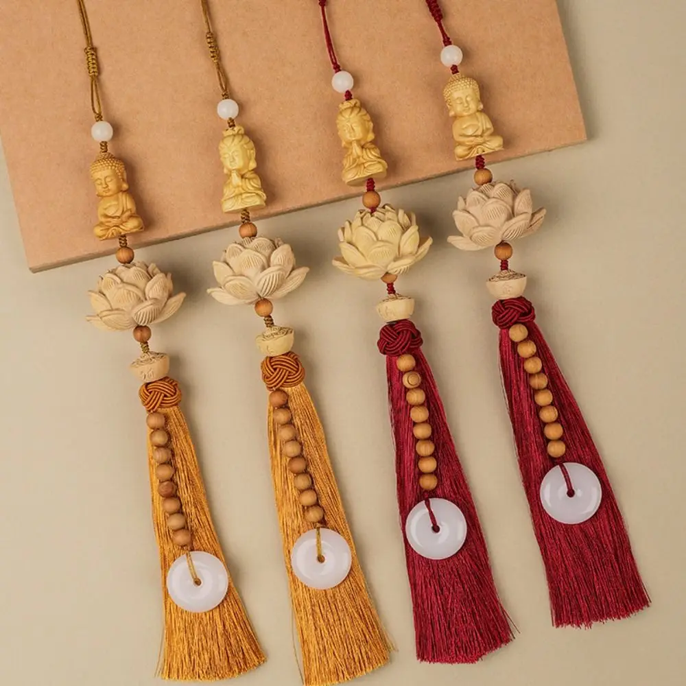 

Handmade Car Lotus Ornaments Buddha Guanyin Fu Character Car Rearview Mirror Pendant Boxwood Chinese Knot Style