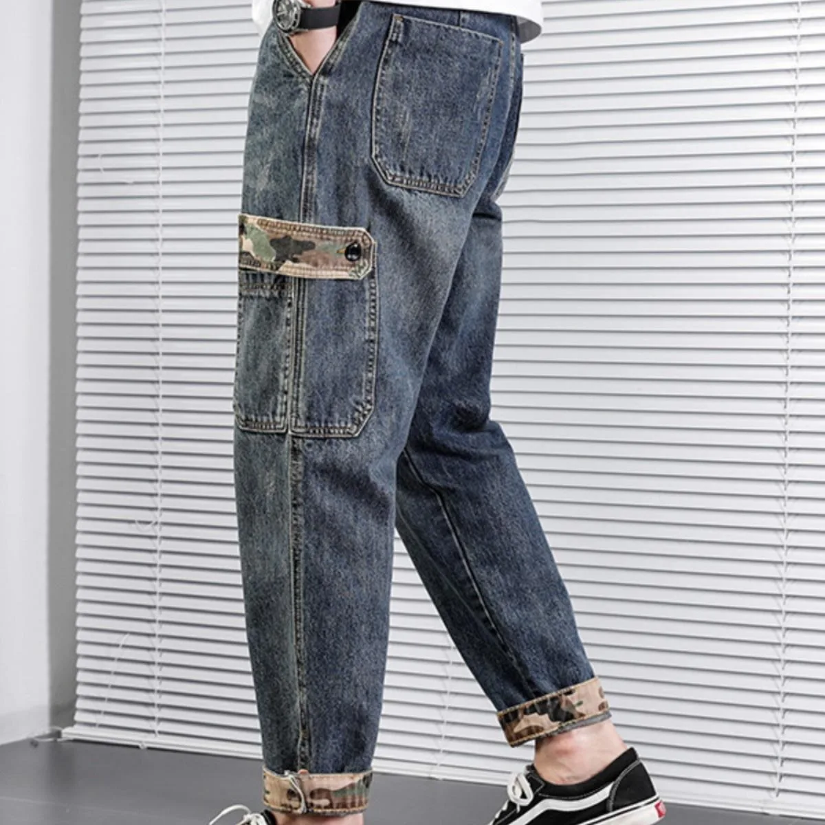 

2024 New Loose Korean Camo Denim Harem Pants for Men Spring Autumn Vintage Retro Casual Workwear Jeans Cargo Pants for Men