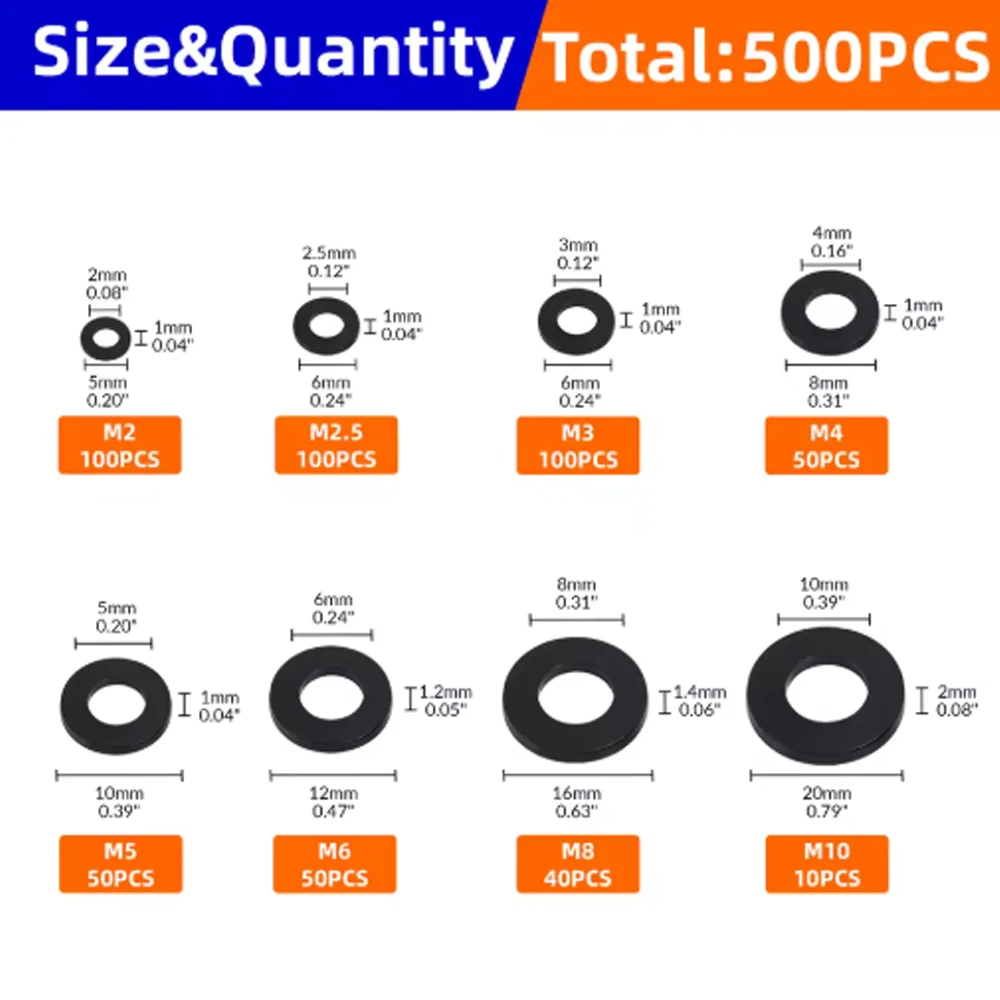 500PCS 8 Sizes M2-M10 Black Nylon Flat Washers Assortment kit M2 M2.5 M3 M4 M5 M6 M8 M10 Plane Spacer Insulation Gasket Ring image 2