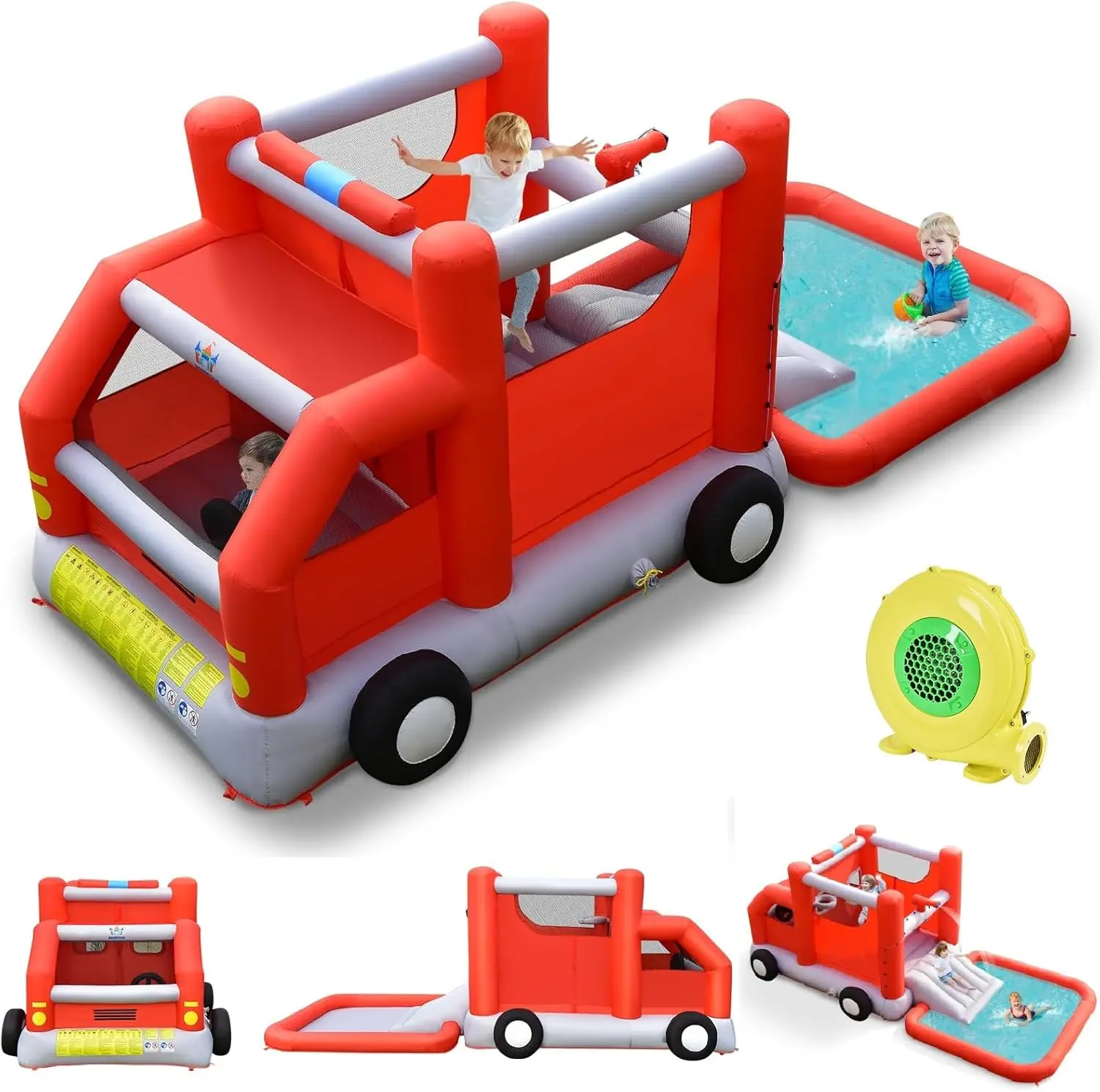 

Inflatable Water Bounce House, Fire Truck Water Park Bouncy Playhouse with Slide & Splash Pool Wet Dry Combo for Kids Outdoor, 4