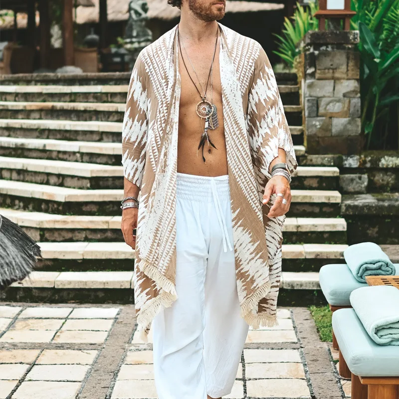 Vintage Pattern Print Trench Coat for Men Casual Loose Tassel Shawl Top Cardigan Summer Hawaiian Beach Sunscreen Cloak Men Capes