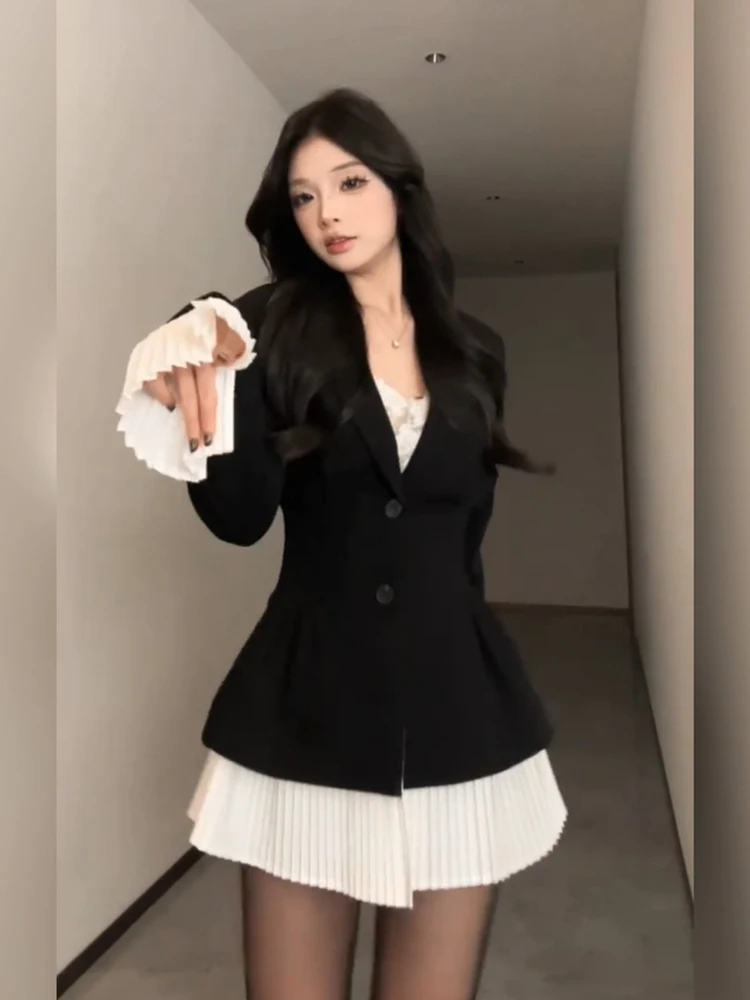 

plus Size Suit Dr Color Blo A-Line ort Skirt Women's Ele Sle Slimming Waist Design Long Sve Korean Sle