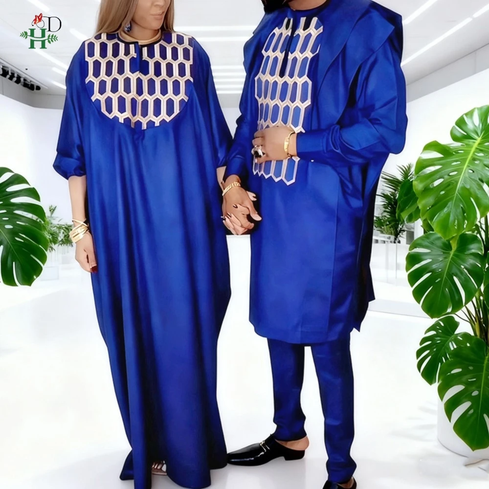 H&D Afrikanische Paar Kleidung Für Männer Robe 3PCS Set Spiel Frauen Türkei Kleid Musilm Stickerei Kleid Liebhaber Party hochzeit Tragen Boubou