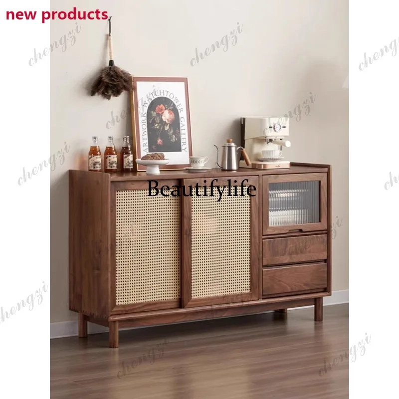 Japanese-style solid wood dining side cabinet, multi-functional storage rattan cabinet, living room tea cabinet against the wall