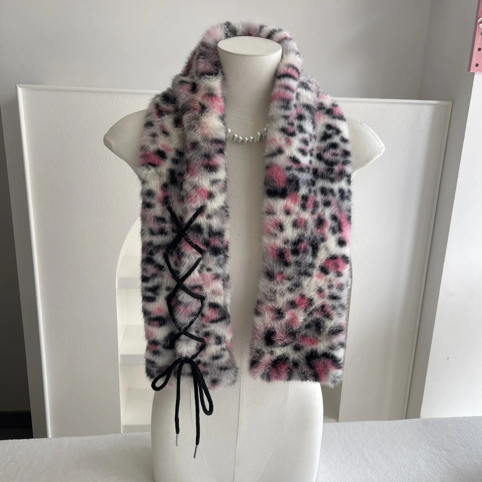 Winter Women Rivet Tie Earmuffs Scarf Leopard Print Faux Fur Plush Leg Warmers Outdoor Cold‑proof Warm Scarf