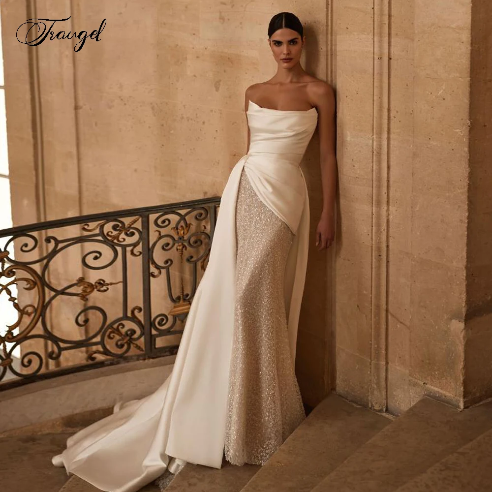 

Customized Mermaid Sexy Chic Wedding Dresses Strapless Matte Satin Vestido De Novia Lace Embroidery Glitter Robe De Mariee