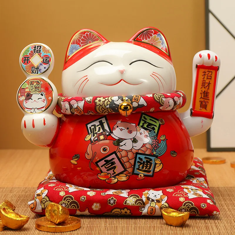 6.5/7.5Inch Lucky Cat Decoration Feng Shui Fortune Cat Ceramic Electric Hand Treasure Shop Gift Good Luck Home Festive Craft