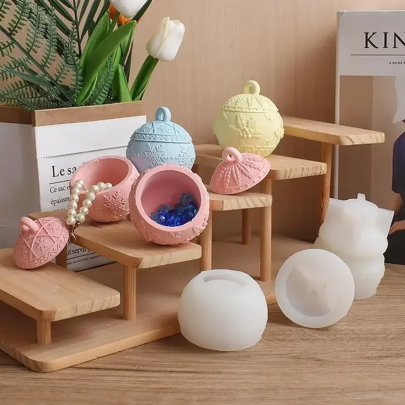 new design christmas round ball jar silicone mold with lids diy handmade concrete relief snows berry scented candle vessel molds