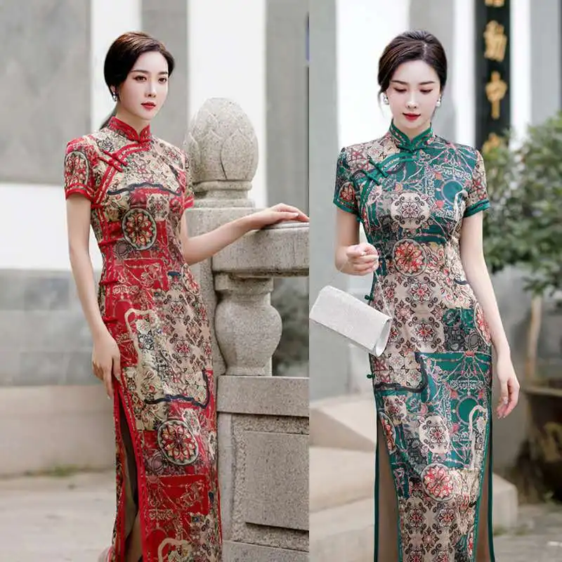 Fashion Chinese Dress Women Casual Qipao Long Slim Dresses Sexy Split Cheongsams Vintage Slip Button Mandarin Collar Vestidos