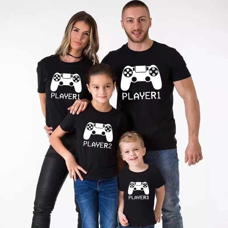 Player 1/2/3/4 Funny Father Daughter Son Family Look Shirt Cotton Short Sleeve Tee For Daddy Baby Romper Family Matching Clothes