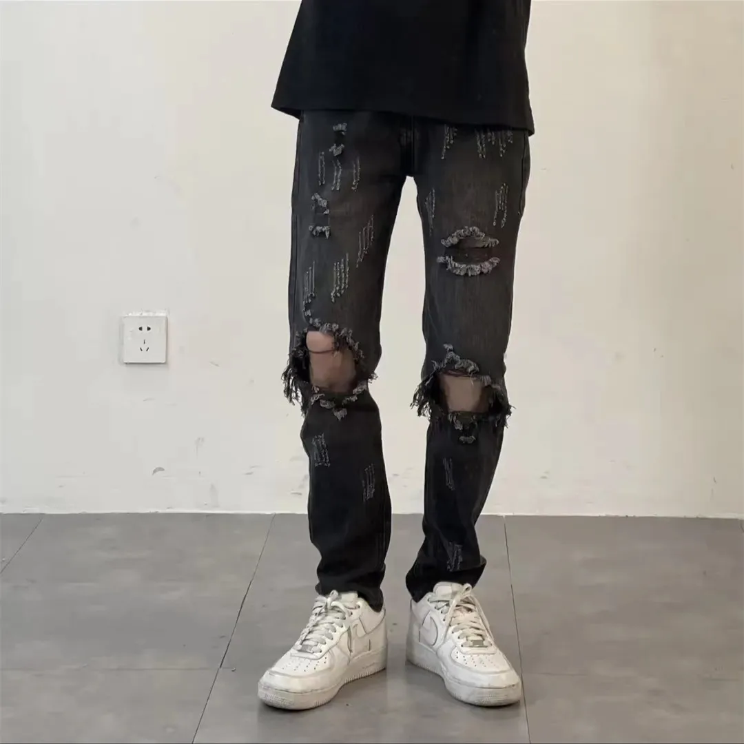 

Retro Black Faded Jeans Men's Straight Leg Cotton Denim High Street Style Slimming Effect Casual mid Waist Zipper Fly