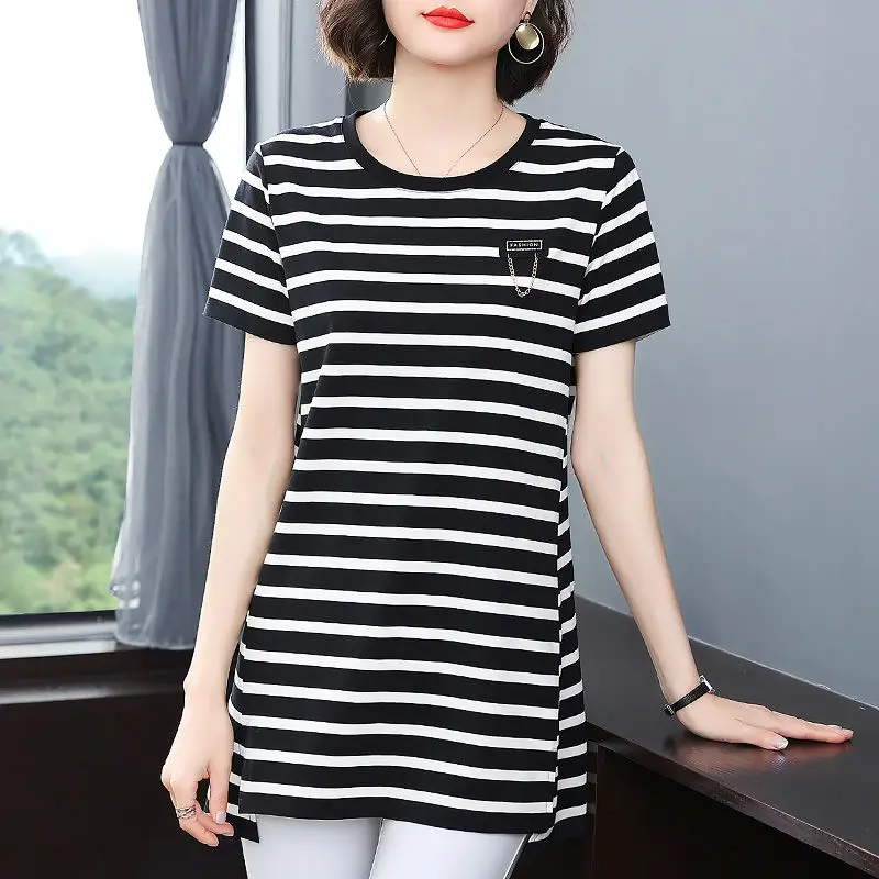 Black White Striped Short Sleeve 2024 New Summer Korean Fashion Irregular O-neck T-Shirt Women Clothing Casual Patchwork Top Tee