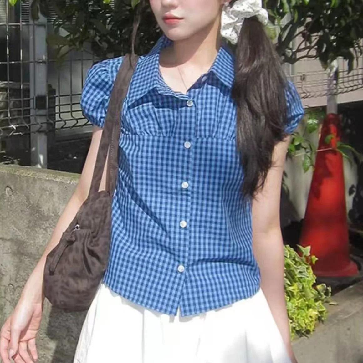 

Chic Summer American Plaid Short Sleeve Shirt Women Slim Fit Base Shirt Casual Style Button Detail Cotton Material Breathable...