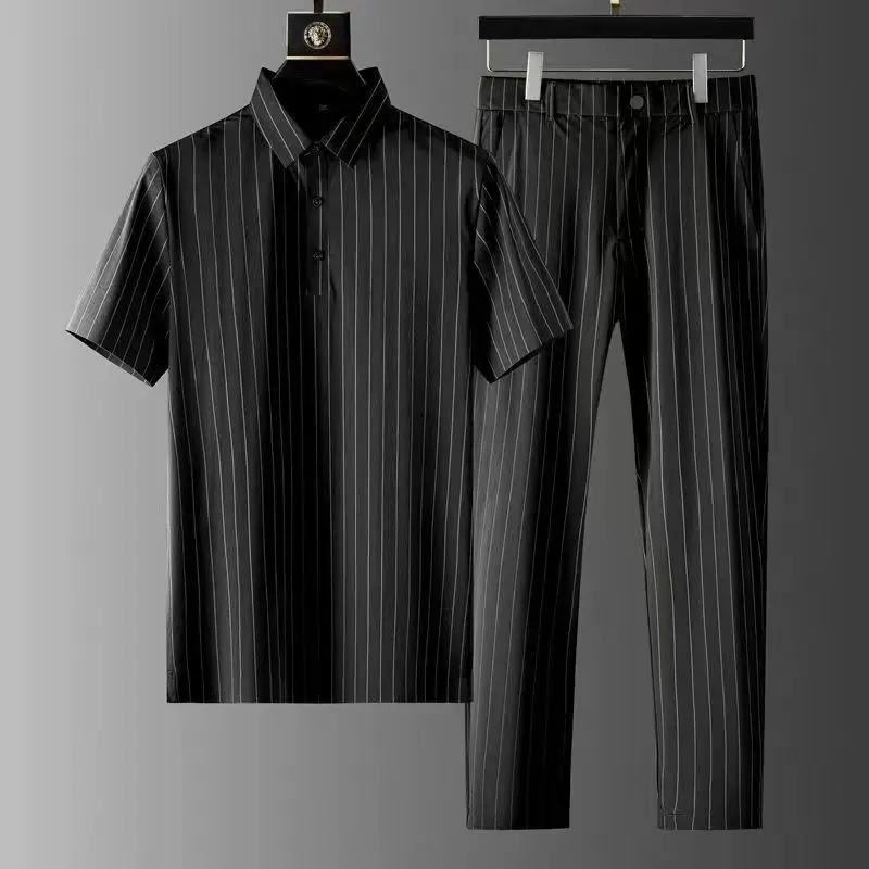 

Summer Stripe Linen Men's Set Turndown Collar Short Sleeve T-Shirt Elastic Waist Ankle Length Casual Pants Two Piece Set