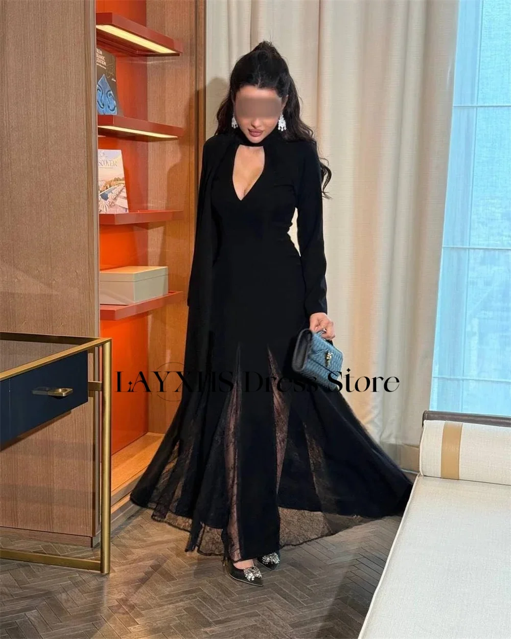 LAYXHS Sexy Preto Alta Pescoço Vestidos de Noite Sereia Mangas Compridas Renda Plissado Vestidos de Baile Personalizados فستانmavera