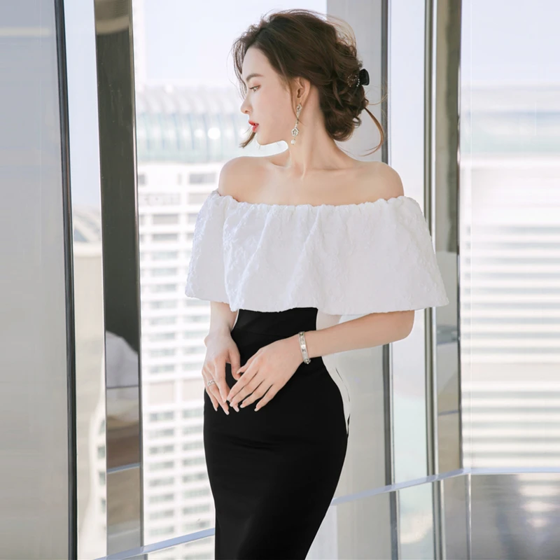 

Slimming Birthday Par Dr Ele Bla White One-oulder Pleated Skirt Mid-Length Polyester Fabric Faionable High-Waist