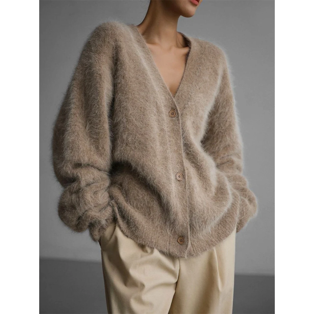 

Loose Long Sve Knitted Cardigan Women's Autumn Winter New Sle Mink Velvet Open-irt Casual Sle Single Button Pure Color