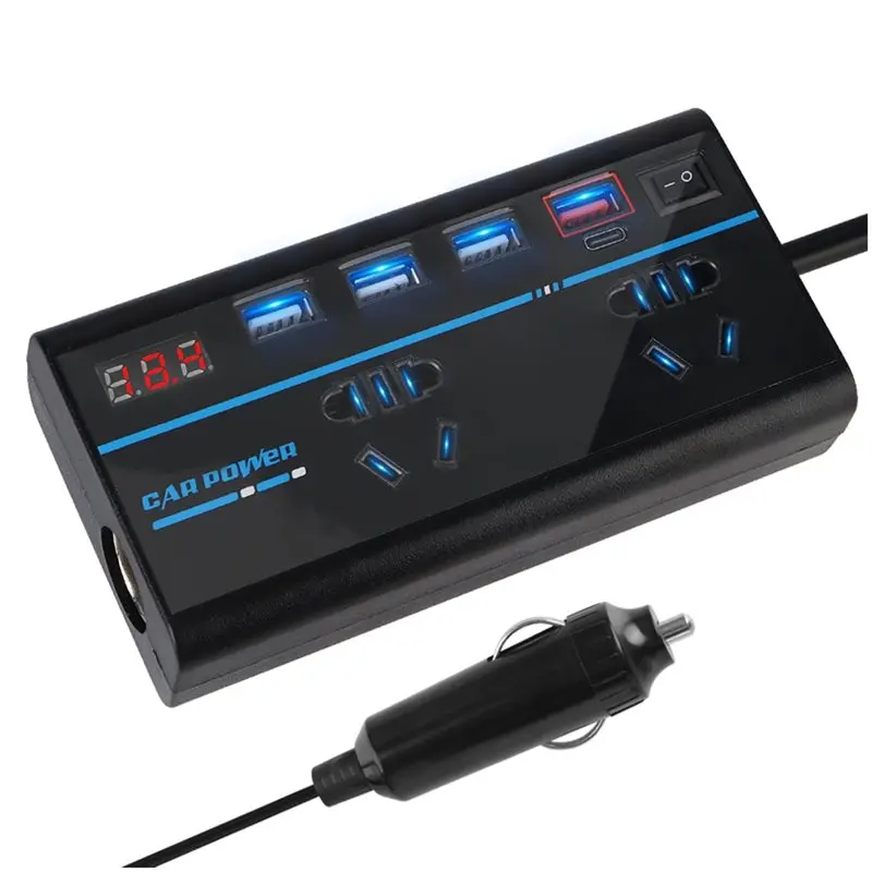 【Price Drop !!】 Car Inverter Power Adapter 200W Featuring 8 Ports QC 3.0 USB/PD Type-C Chargers For Mobile Phone Battery Chargin
