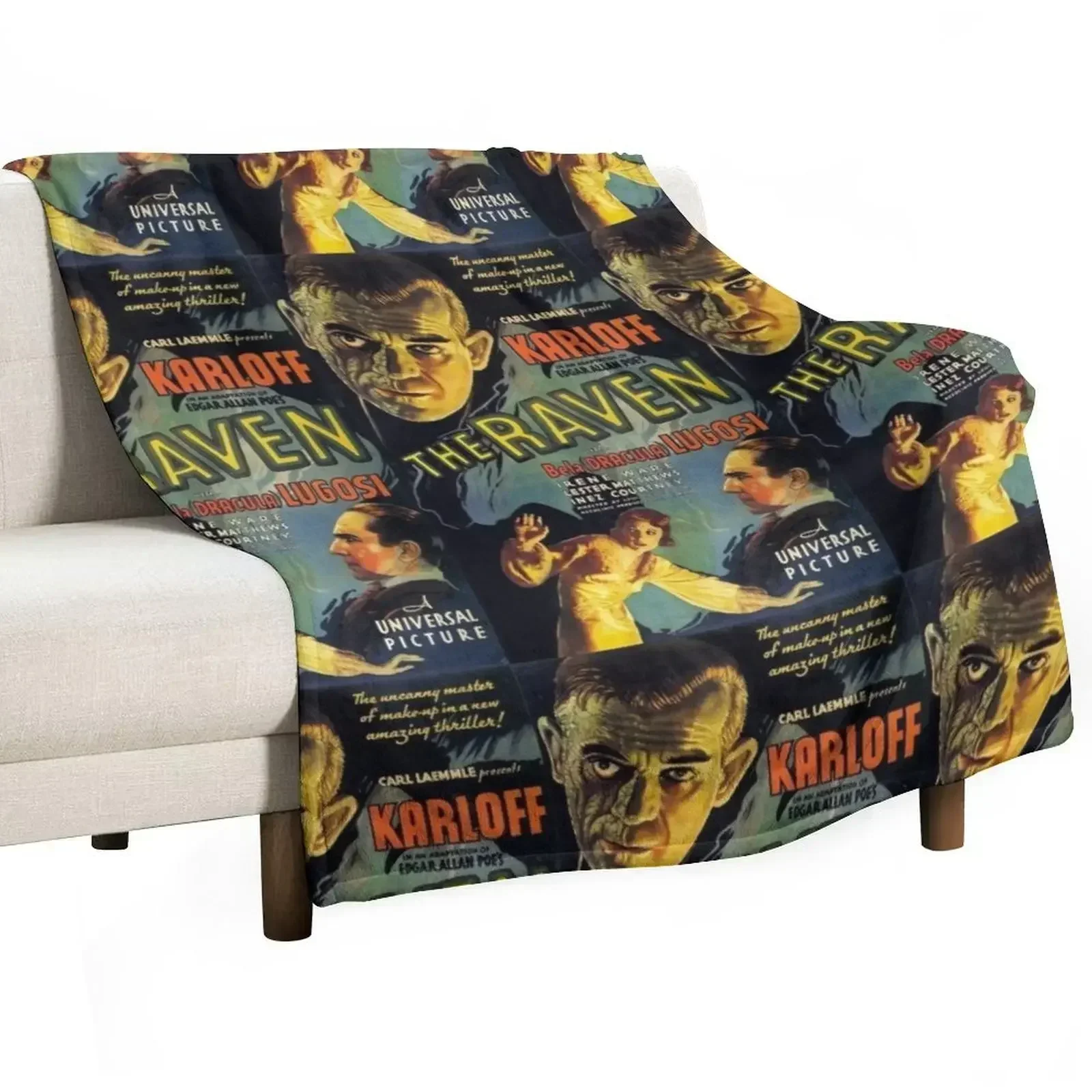 

The Raven - vintage Universal horror poster - Boris Karloff, Bela Lugosi, Edgar Allen Poe Throw Blanket Plush Picnic Blankets