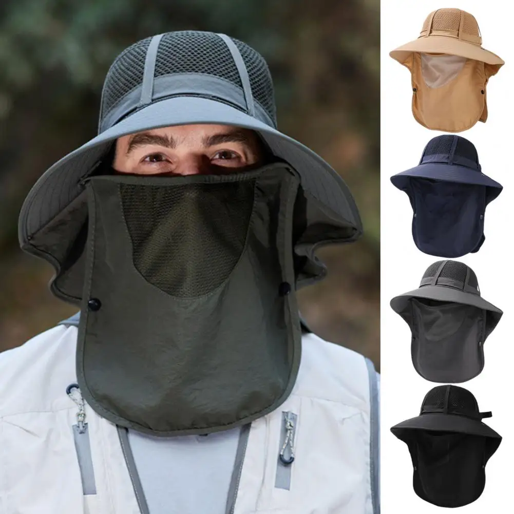 Quick-dry Hat Wide Brim Drawstring Bucket Hat, Outdoor Activity Neck Protection Hat with Shawl And Face Guard Design