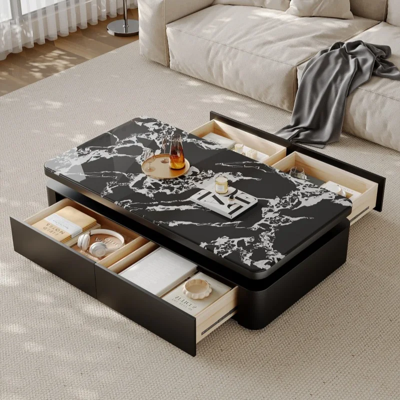 Living room household glass crystal stone coffee table modern light luxury high-end coffee table large capacity storage drawers