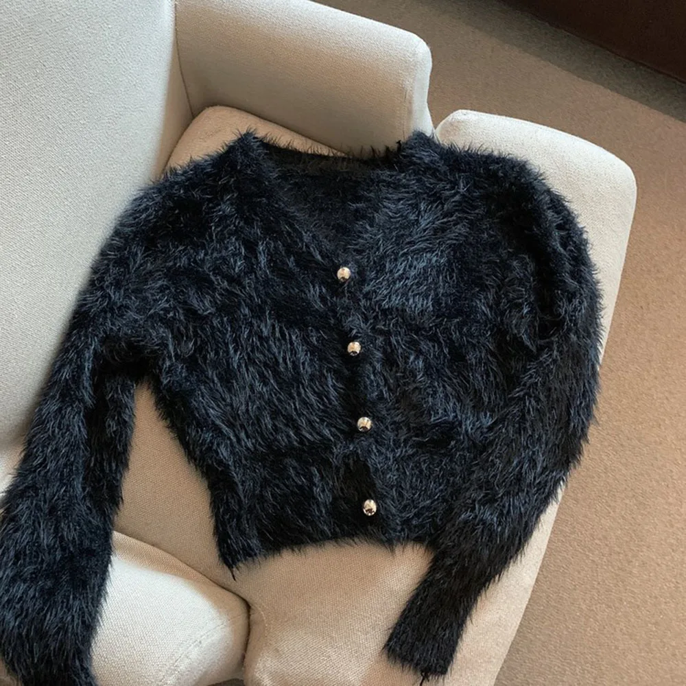 Cardigan lavorato a maglia Mohair con scollo a V Crop maglione bianco retrò Casual pigro Oversize Sueters maglioni per le donne giacca di vestiti di